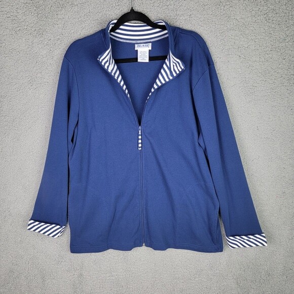 Blair Women's Jacket Sz L Blue Full Zip Pockets White Stripe Contrast - Picture 1 of 15